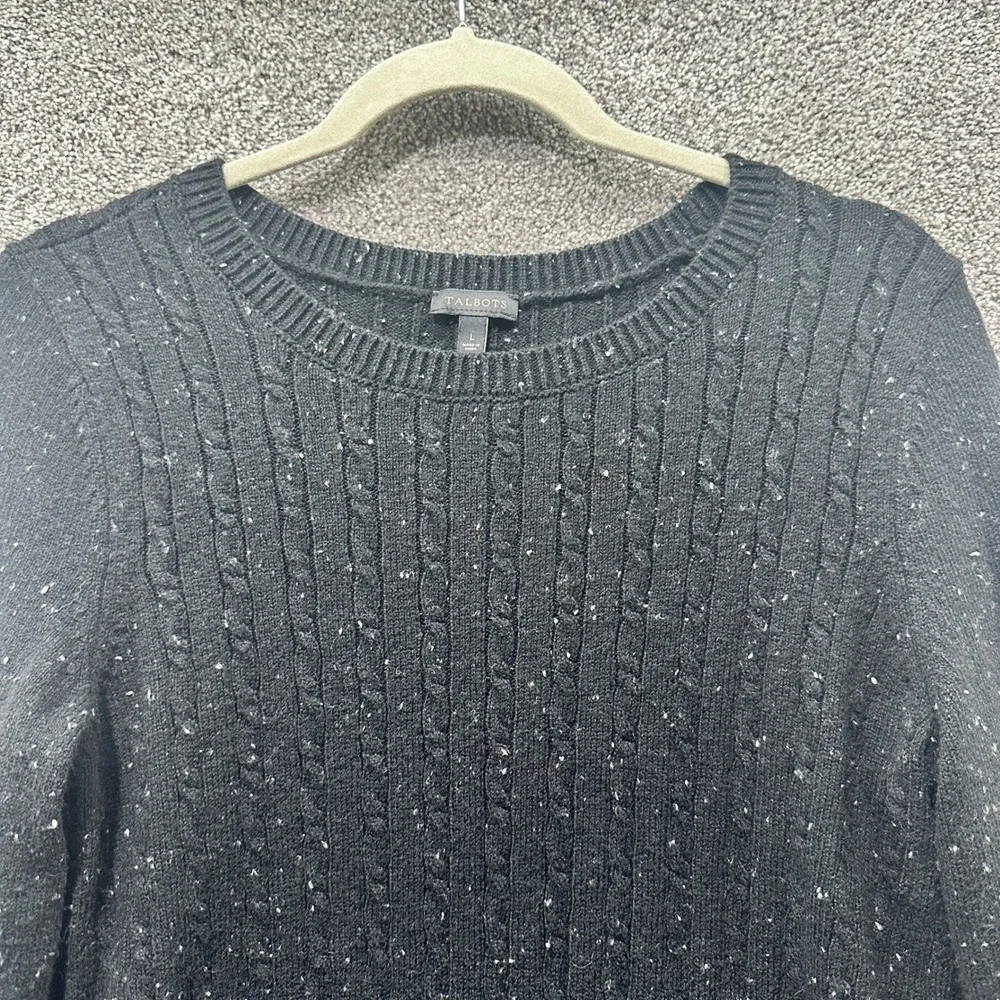 Talbots Pullover Sweater Women Large Black‎ Speckle CableKnit Stretch Cotton